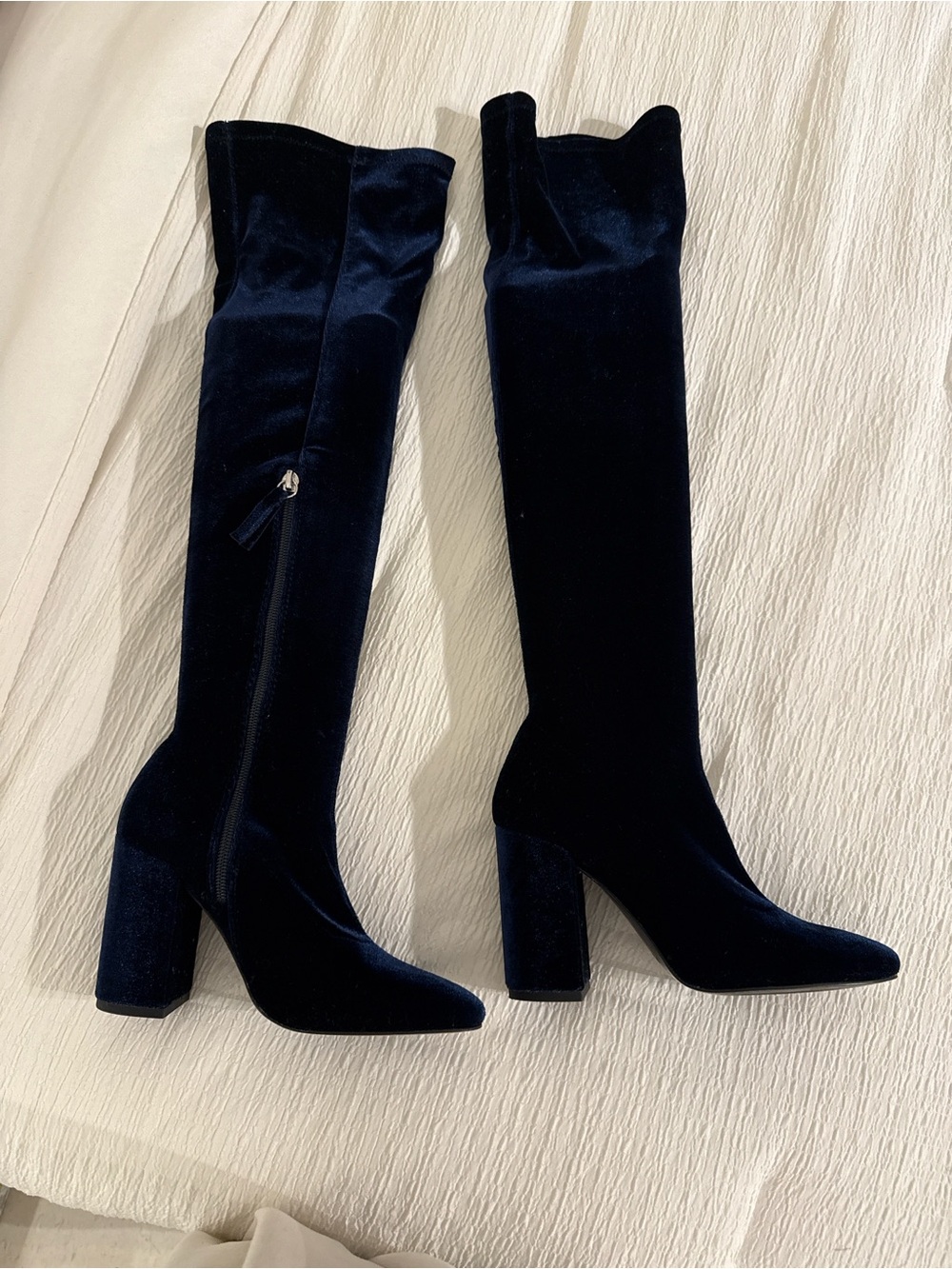 Zara Navy Velvet Over-the-Knee Block Heel Boots